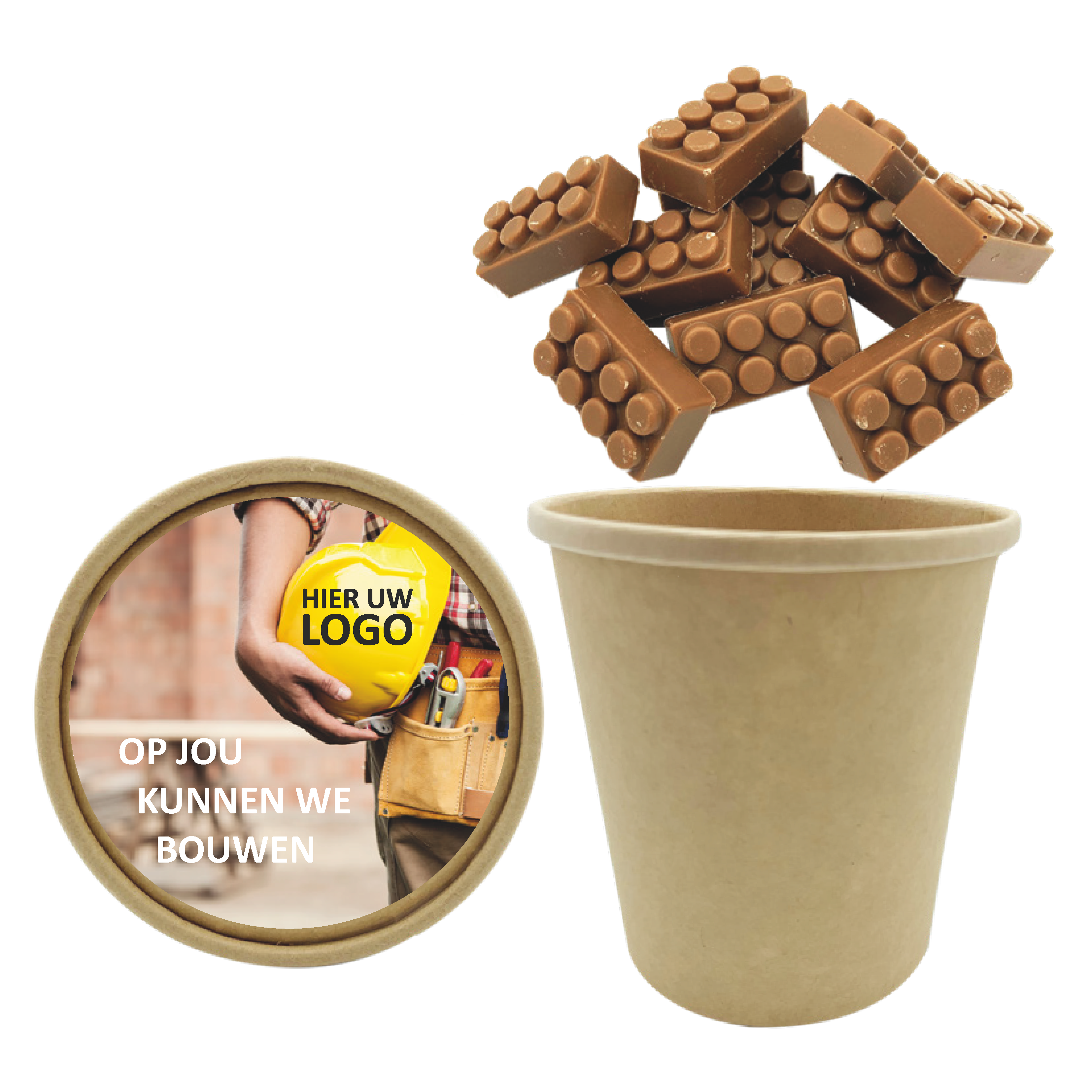 biobeker chocolade bouwblokjes, chocolade met een logo, legoblokje